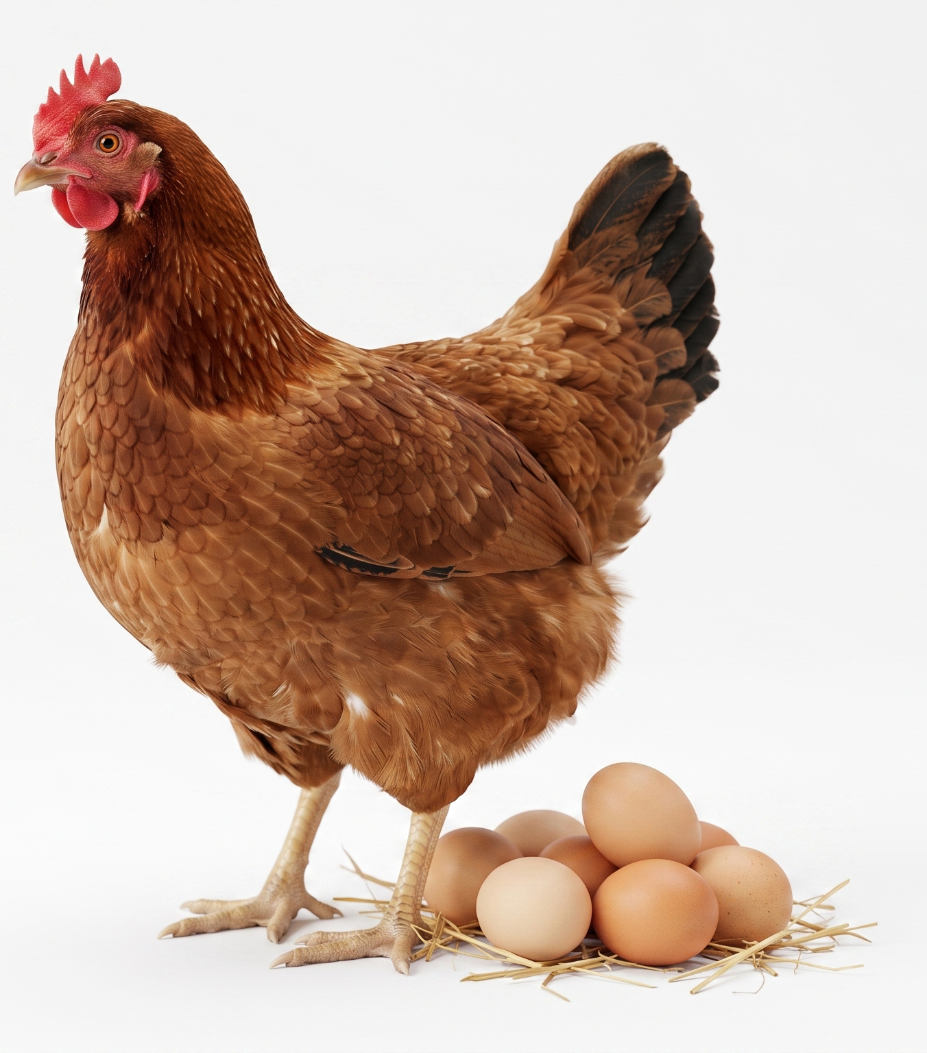 A brown laying hen beside a clutch of fresh eggs
